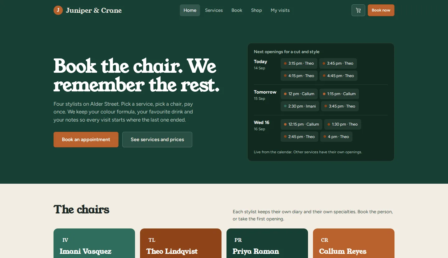 The Juniper and Crane home page: a deep green header with the headline Book the chair, we remember the rest, two buttons, and a board of the next open appointment times by stylist.