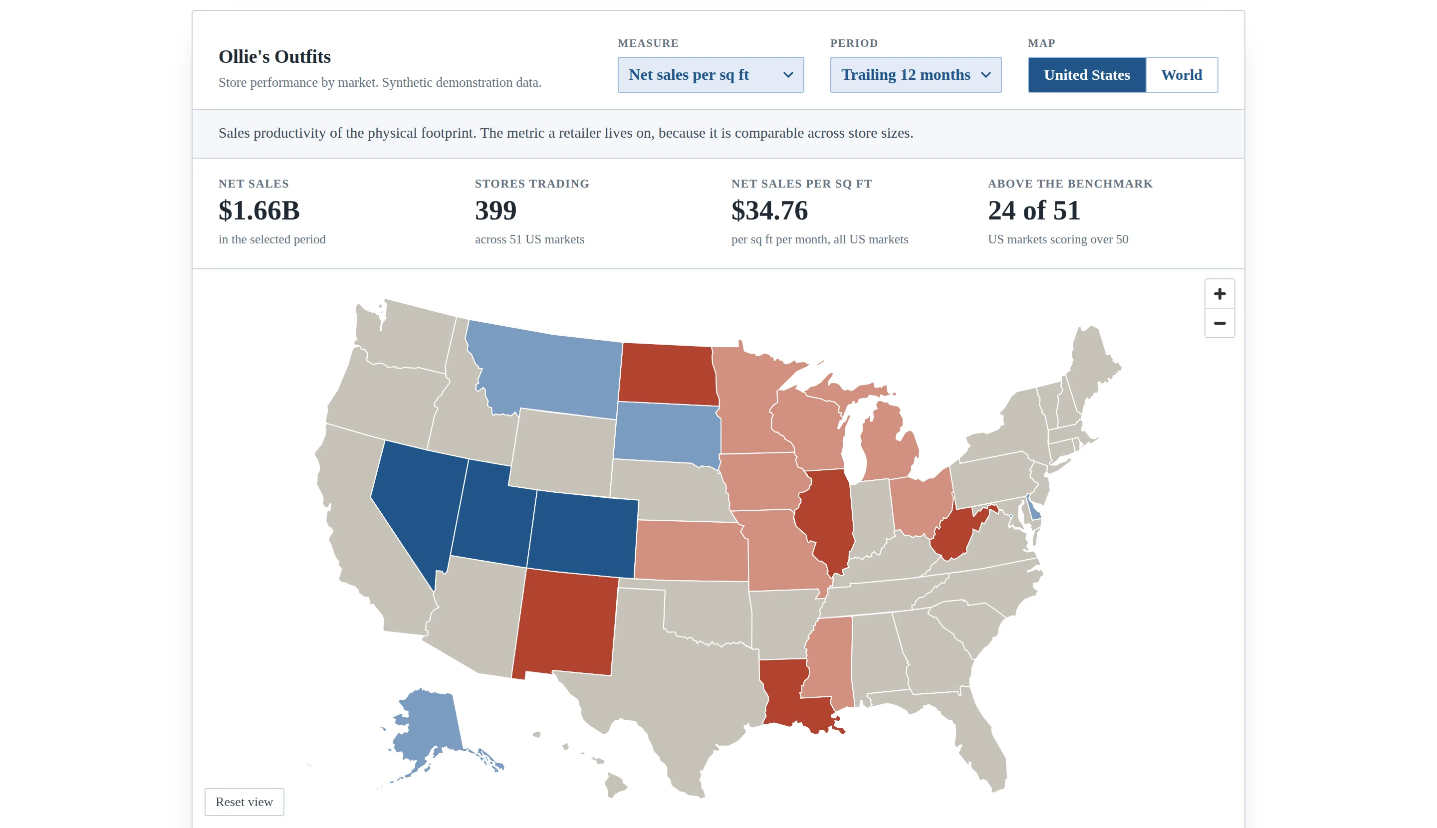 A map of the United States with each state filled by colour, dark blue for strong markets and dark red for weak ones, above a ranked table of the ten strongest markets.