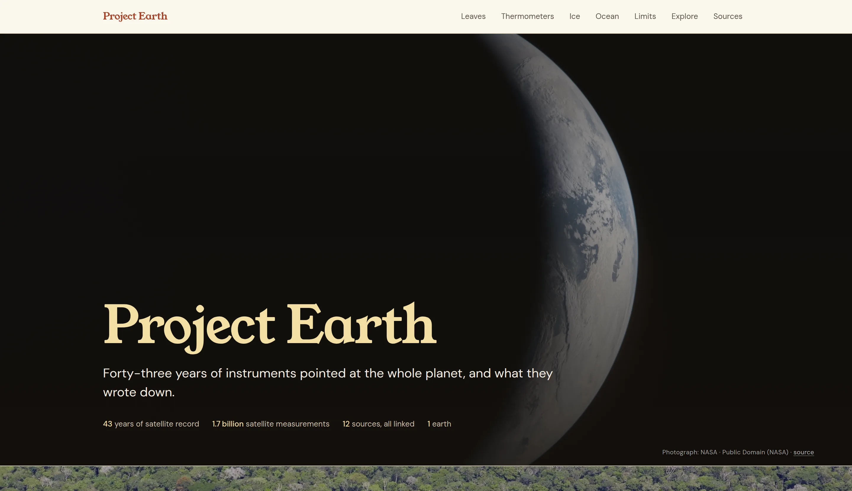 Project Earth's opening view, with the Earth against a dark sky and an introduction to 43 years of satellite measurements.